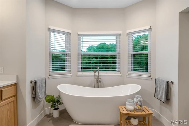 full bath with plenty of natural light, baseboards, and a freestanding tub