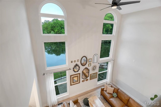 detailed view of ceiling fan and baseboards
