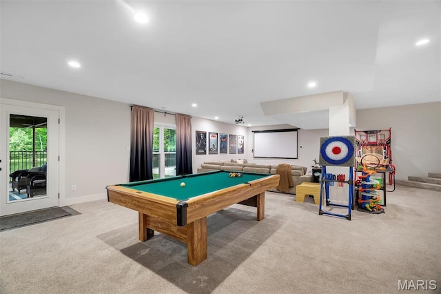 recreation room featuring carpet floors, recessed lighting, billiards, and baseboards