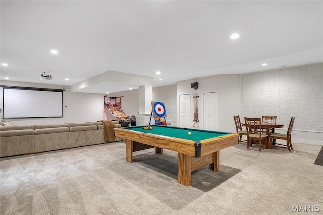 recreation room featuring light colored carpet, recessed lighting, and billiards table