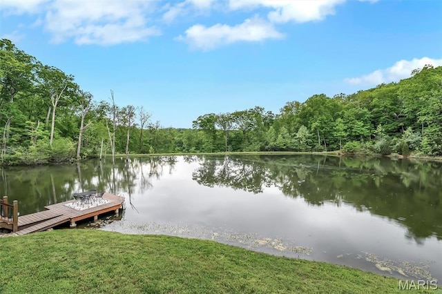 dock area featuring a forest view, a water view, and a yard