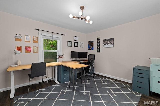 6211 Odell St, Saint Louis, MO 63139 - home office with a chandelier, wood finished floors, and baseboards