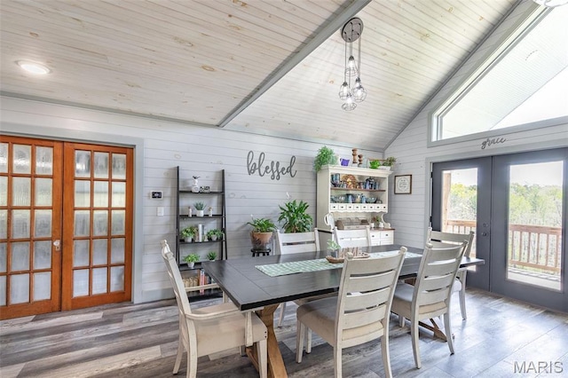 176 Carter 205, Van Buren, MO 63965 - dining space featuring french doors, wood finished floors, wood ceiling, wooden walls, and lofted ceiling