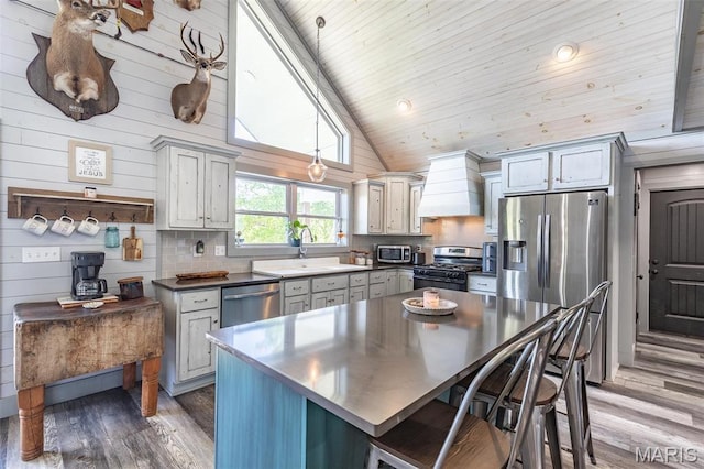 176 Carter 205, Van Buren, MO 63965 - kitchen with stainless steel appliances, custom exhaust hood, a sink, light wood-style floors, and tasteful backsplash