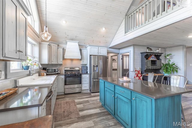 176 Carter 205, Van Buren, MO 63965 - kitchen featuring stainless steel appliances, custom exhaust hood, a sink, light wood-style flooring, and stainless steel countertops