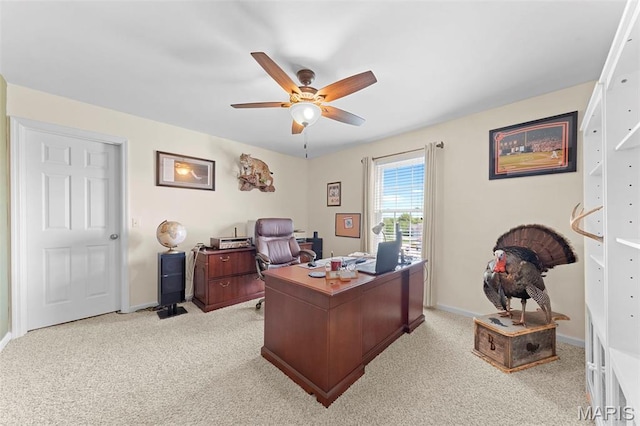 235 River Bluff Ct, Troy, MO 63379 - office area featuring ceiling fan, light colored carpet, and baseboards