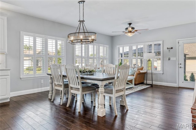 2 Pearview Ct, Saint Peters, MO 63376 - dining space with ceiling fan, baseboards, dark wood-type flooring, and a chandelier