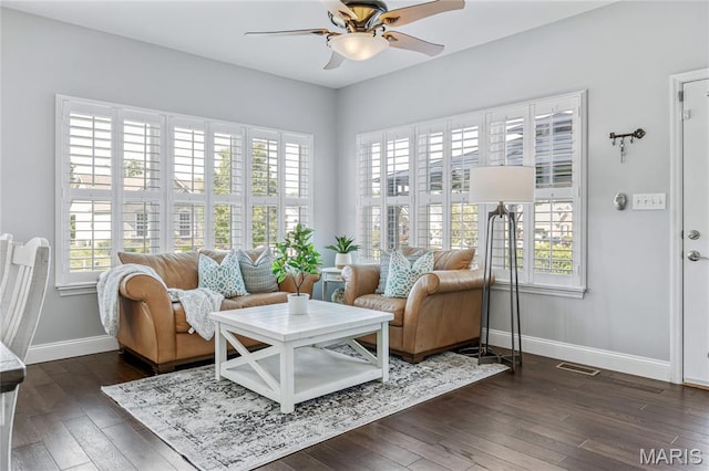 2 Pearview Ct, Saint Peters, MO 63376 - living room featuring a ceiling fan, baseboards, and dark wood-style flooring