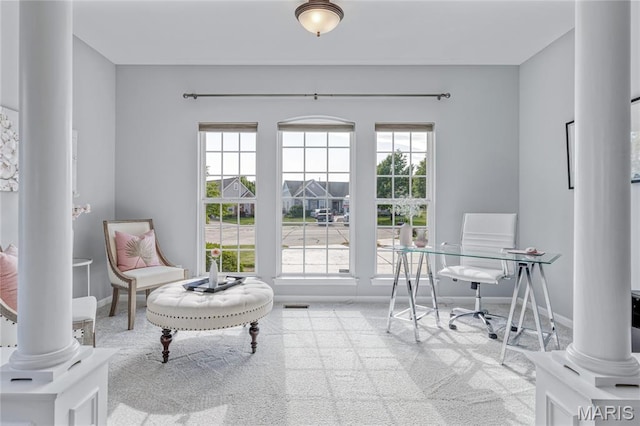 2 Pearview Ct, Saint Peters, MO 63376 - carpeted home office with decorative columns, healthy amount of natural light, and baseboards