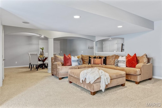 2 Pearview Ct, Saint Peters, MO 63376 - living area featuring arched walkways, carpet flooring, baseboards, and recessed lighting