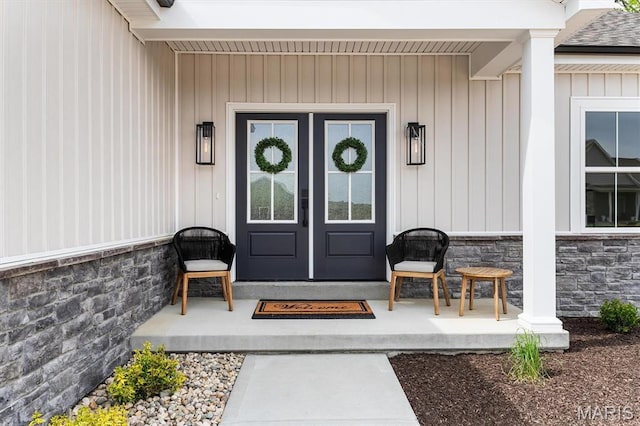 2217 Valleyview Dr, Barnhart, MO 63012 - property entrance featuring stone siding and board and batten siding