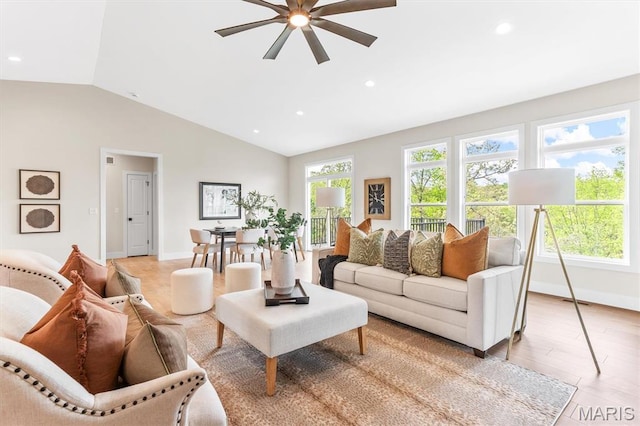 2217 Valleyview Dr, Barnhart, MO 63012 - living area featuring a ceiling fan, lofted ceiling, recessed lighting, baseboards, and light wood-type flooring