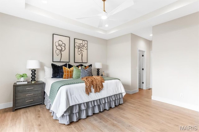 2217 Valleyview Dr, Barnhart, MO 63012 - bedroom featuring baseboards, a tray ceiling, light wood finished floors, recessed lighting, and ceiling fan