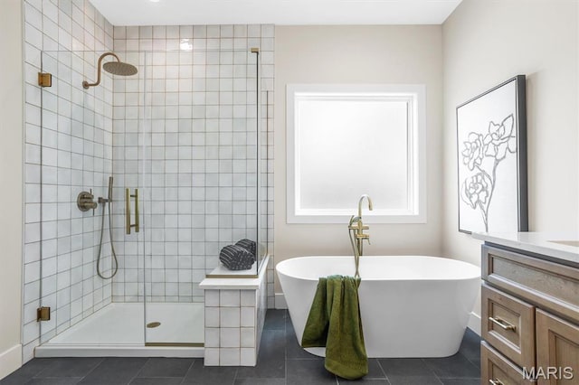 2217 Valleyview Dr, Barnhart, MO 63012 - bathroom with a stall shower, tile patterned floors, a soaking tub, and vanity