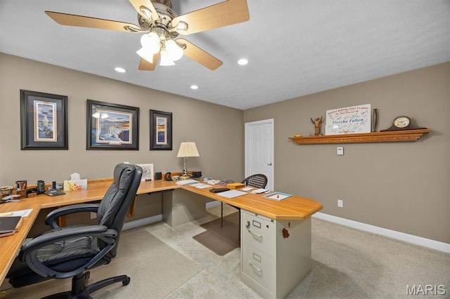 1674 Lakepointe Estates Dr, Ofallon, IL 62269 - office featuring light colored carpet, ceiling fan, and recessed lighting