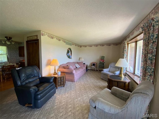 25127 N 16th Ave, Nokomis, IL 62075 - living area featuring a textured ceiling, ceiling fan, and carpet floors