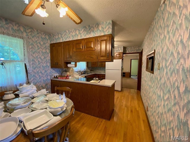 25127 N 16th Ave, Nokomis, IL 62075 - kitchen featuring wallpapered walls, freestanding refrigerator, a peninsula, ceiling fan, and light wood finished floors