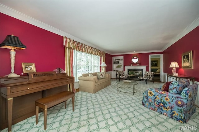 15 York Hills Dr, Saint Louis, MO 63144 - living area featuring ornamental molding, a glass covered fireplace, and carpet flooring