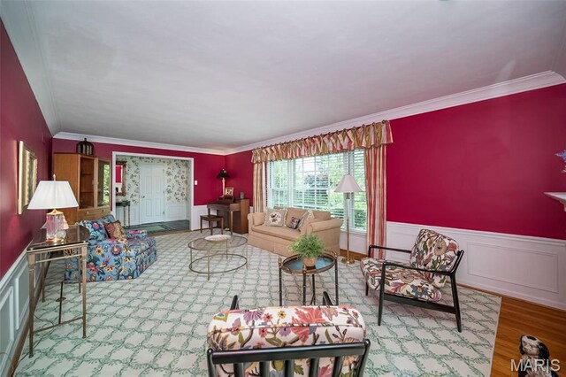 15 York Hills Dr, Saint Louis, MO 63144 - living area with a wainscoted wall, wood finished floors, and ornamental molding