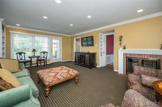 15 York Hills Dr, Saint Louis, MO 63144 - living room featuring carpet, crown molding, a fireplace, recessed lighting, and baseboards
