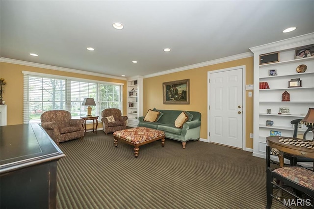 15 York Hills Dr, Saint Louis, MO 63144 - living room featuring dark carpet, built in shelves, crown molding, recessed lighting, and baseboards