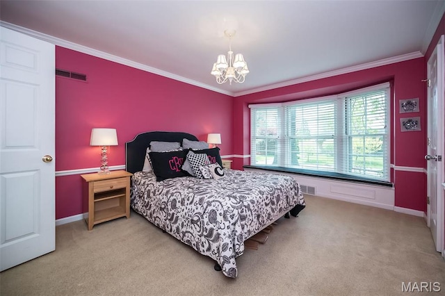15 York Hills Dr, Saint Louis, MO 63144 - bedroom featuring ornamental molding, light carpet, a chandelier, and baseboards