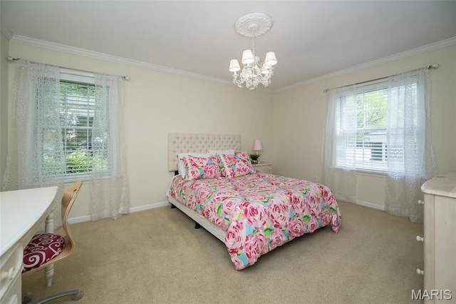 15 York Hills Dr, Saint Louis, MO 63144 - carpeted bedroom featuring a chandelier, ornamental molding, multiple windows, and baseboards