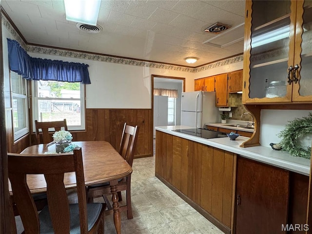 503 Frankford Rd, Louisiana, MO 63353 - kitchen with freestanding refrigerator, black electric stovetop, brown cabinets, a sink, and wood walls