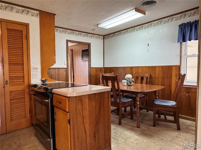 503 Frankford Rd, Louisiana, MO 63353 - kitchen featuring stainless steel range with electric stovetop, a wainscoted wall, wood walls, brown cabinets, and light countertops