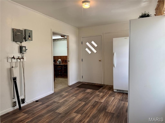 503 Frankford Rd, Louisiana, MO 63353 - entrance foyer featuring dark wood-style flooring, ornamental molding, and electric panel