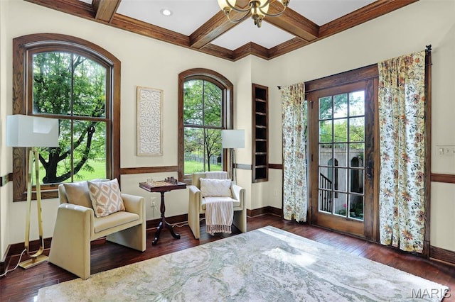 1201 Dolman St, Saint Louis, MO 63104 - living area with baseboards, hardwood / wood-style floors, coffered ceiling, and beamed ceiling