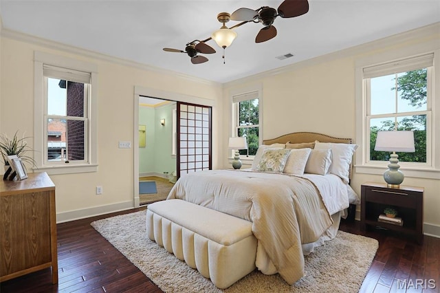 1201 Dolman St, Saint Louis, MO 63104 - bedroom featuring dark wood-style flooring, baseboards, ornamental molding, and ceiling fan