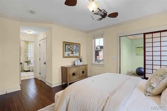 1201 Dolman St, Saint Louis, MO 63104 - bedroom featuring baseboards, hardwood / wood-style flooring, ornamental molding, and a ceiling fan