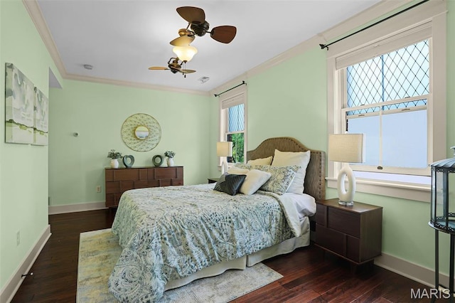 1201 Dolman St, Saint Louis, MO 63104 - bedroom featuring crown molding, baseboards, dark wood-style floors, and ceiling fan