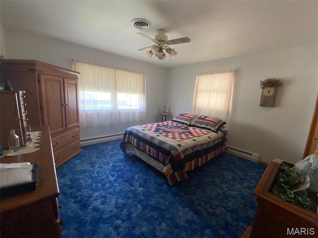 123 S Oak St, Nokomis, IL 62075 - bedroom featuring baseboard heating, a baseboard radiator, carpet flooring, and ceiling fan