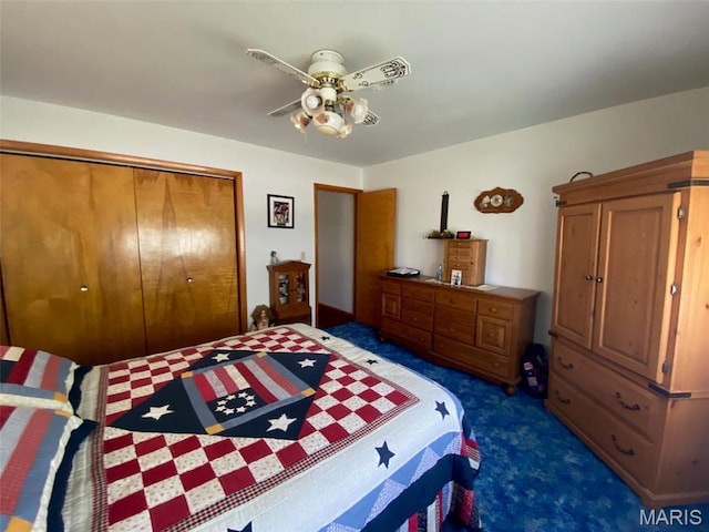 123 S Oak St, Nokomis, IL 62075 - bedroom with dark carpet, a closet, and ceiling fan