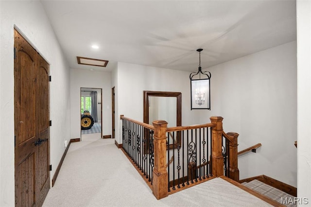544 Quail Ridge Ln, Saint Albans, MO 63073 - hall with an upstairs landing, baseboards, light colored carpet, and recessed lighting
