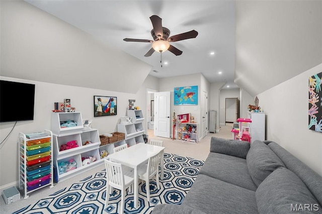 544 Quail Ridge Ln, Saint Albans, MO 63073 - living room with lofted ceiling, a ceiling fan, carpet flooring, and recessed lighting