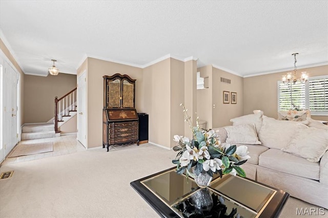 889 Almond Hill Ct, Manchester, MO 63021 - living area featuring stairway, carpet, ornamental molding, a chandelier, and baseboards