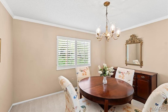 889 Almond Hill Ct, Manchester, MO 63021 - dining area with a chandelier, carpet, crown molding, baseboards, and a textured ceiling