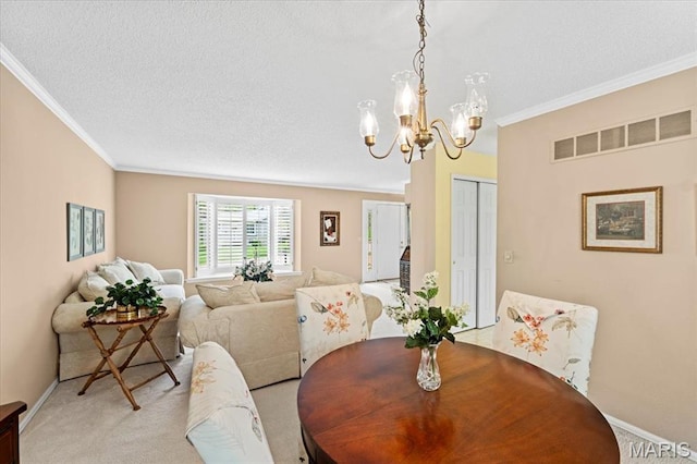 889 Almond Hill Ct, Manchester, MO 63021 - dining room with crown molding, a chandelier, light carpet, baseboards, and a textured ceiling