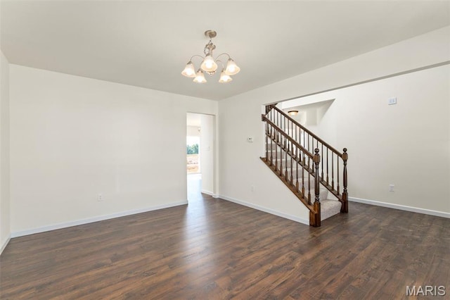 4145 Bear Ridge Dr, House Springs, MO 63051 - unfurnished living room with a chandelier, dark wood-style flooring, stairway, and baseboards