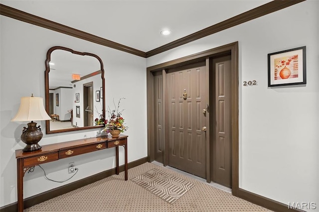 303 N Meramec Ave Unit 202, Saint Louis, MO 63105 - entrance foyer with baseboards, crown molding, light carpet, and recessed lighting