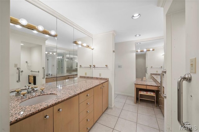 303 N Meramec Ave Unit 202, Saint Louis, MO 63105 - full bath with tile patterned floors, vanity, crown molding, baseboards, and recessed lighting