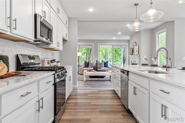 kitchen featuring stainless steel appliances, a sink, wood finished floors, light stone counters, and white cabinetry