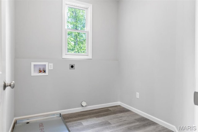 laundry room featuring hookup for a washing machine, wood finished floors, hookup for an electric dryer, and baseboards