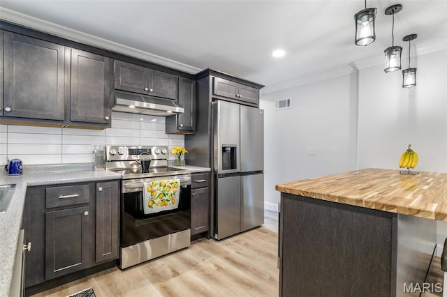709 Warren St, Farmington, MO 63640 - kitchen featuring appliances with stainless steel finishes, under cabinet range hood, ornamental molding, light wood-style floors, and decorative backsplash