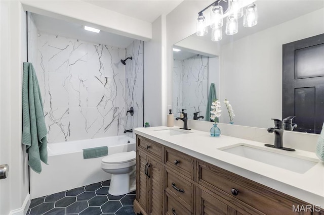709 Warren St, Farmington, MO 63640 - bathroom featuring toilet, bathtub / shower combination, double vanity, and tile patterned flooring