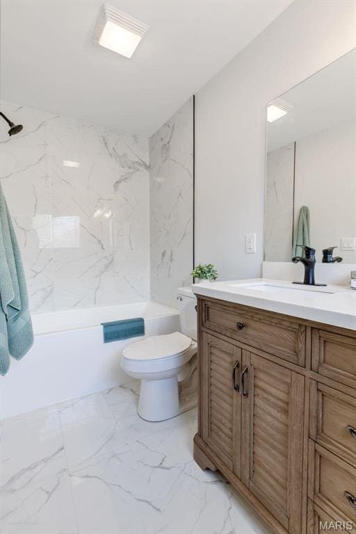 709 Warren St, Farmington, MO 63640 - bathroom with toilet, marble look tiles, shower / bathtub combination, and vanity
