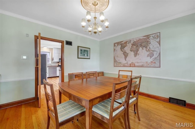 7423 Tulane Ave, Saint Louis, MO 63130 - dining room with a chandelier, light wood-type flooring, and ornamental molding